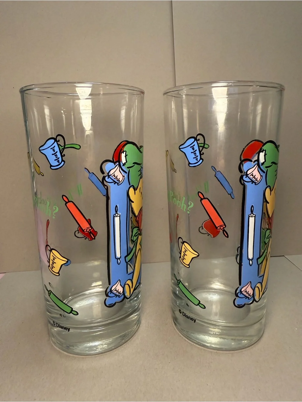 Vintage Disney Winnie the Pooh Blue Cartoon Glass Tumbler - Set of 2
